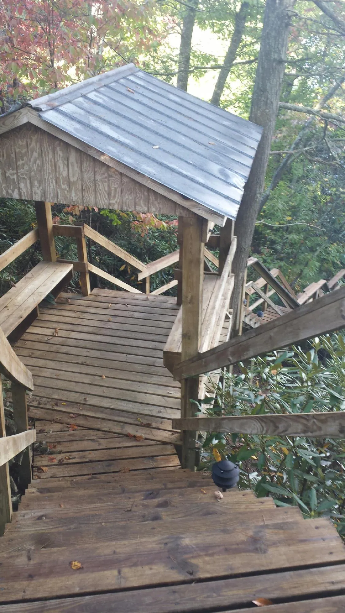 Metal roofed shelter over wooden steps on a wooded walkway — Skylight Repair & Installation work by our crew in Cunningham